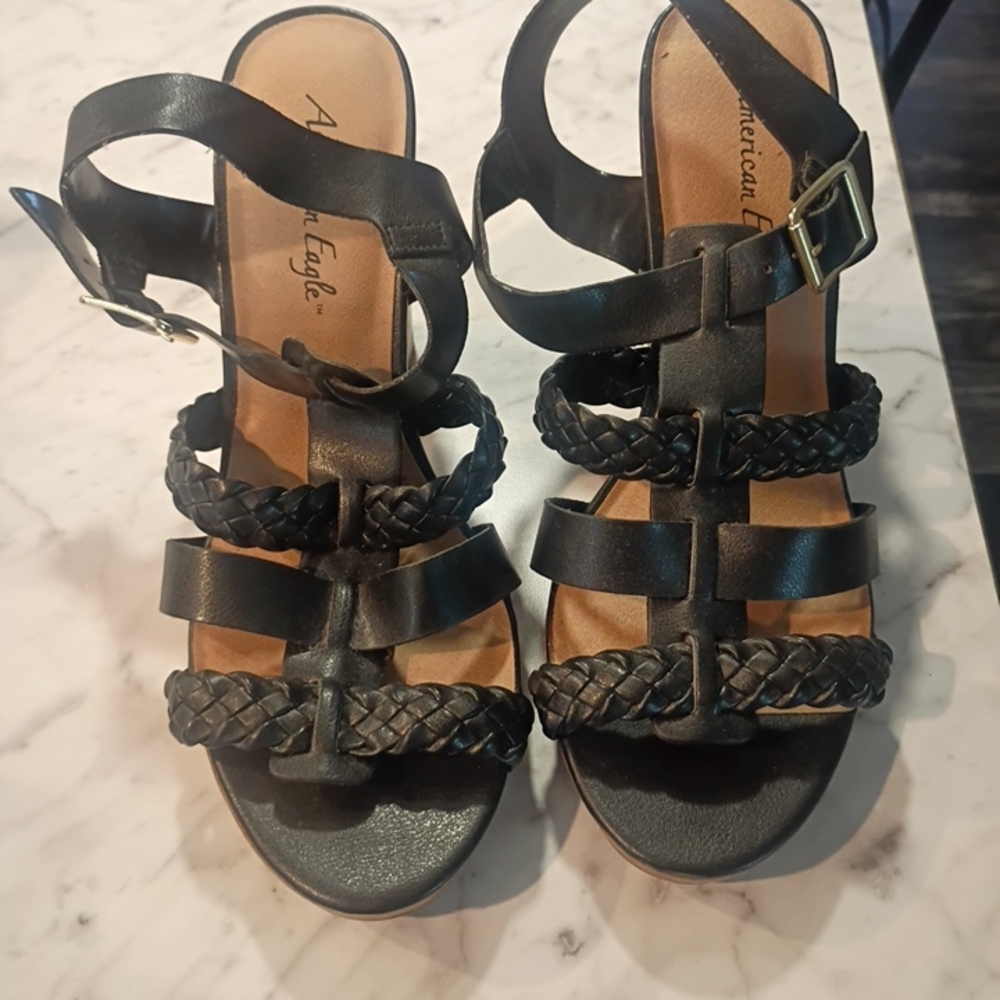 American Eagle Outfitters Black Braided Block Heel Sandals Size 10 Womens